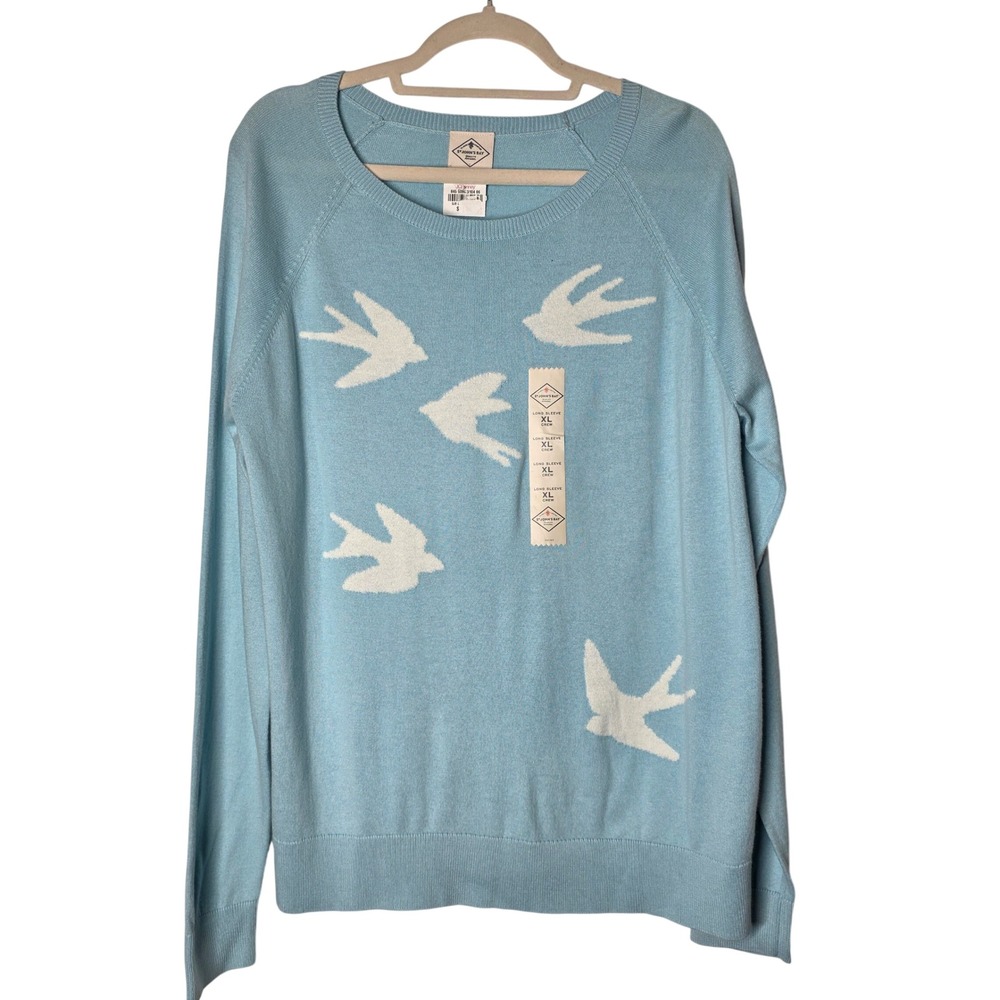 St Johns Bay Bird Intarsia Sweater XL Light Blue Cotton Blend Crew Neck NWT